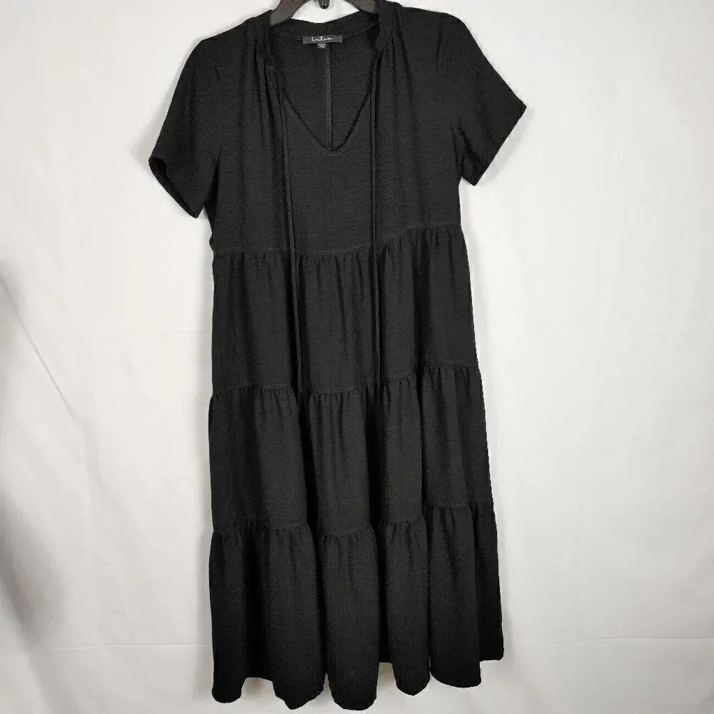 Lulu's Black Tiered Midi T Shirt Tie Front Dress Women's Size XS.Armpit …